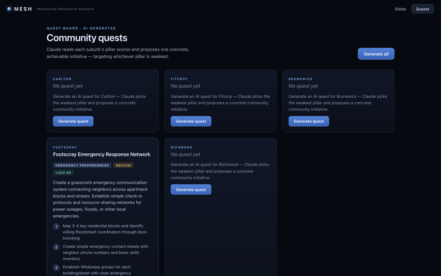 Quest board showing AI-generated quests for Footscray